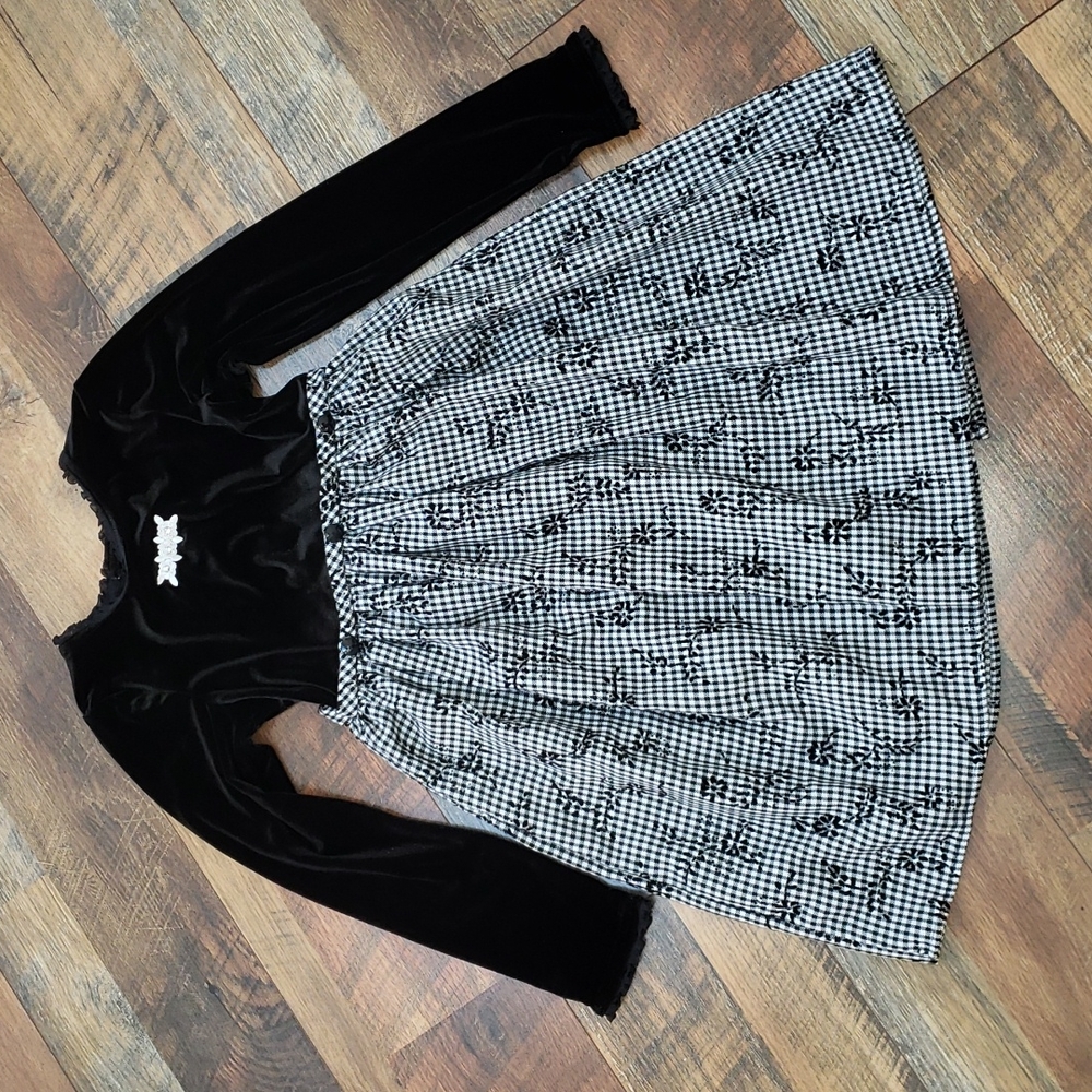 Emily West Black and White Gingham and Velour Long Sleeve Dress, Size 8